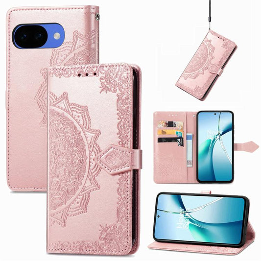 Mandala Flower Embossed Leather Phone Case, For Google Pixel 10a, For Google Pixel 10 Pro XL, For Google Pixel 9a, For Google Pixel 9 Pro XL, For Google Pixel 10 / 10 Pro, For Google Pixel 9 / 9 Pro