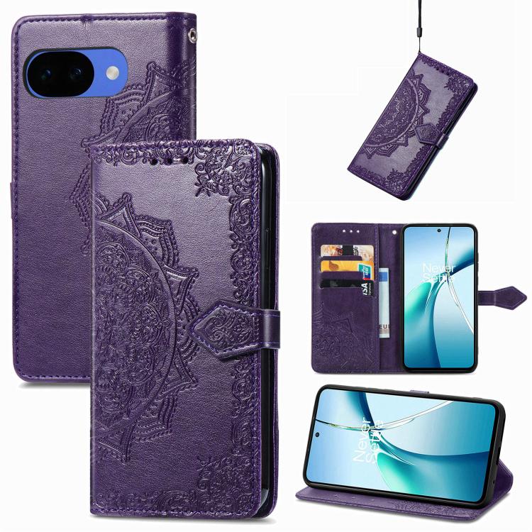 Mandala Flower Embossed Leather Phone Case, For Google Pixel 10a, For Google Pixel 10 Pro XL, For Google Pixel 9a, For Google Pixel 9 Pro XL, For Google Pixel 10 / 10 Pro, For Google Pixel 9 / 9 Pro