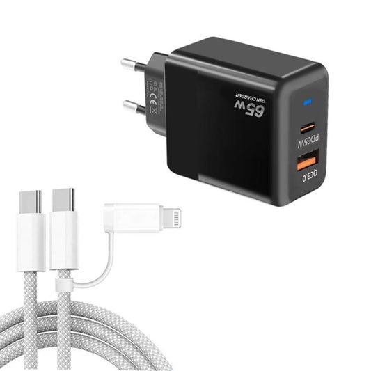 PD41 GaN PD 45W + USB Charger with USB-C to USB-C / 8 Pin Data Cable for iPhone, EU Plug, EU Plug