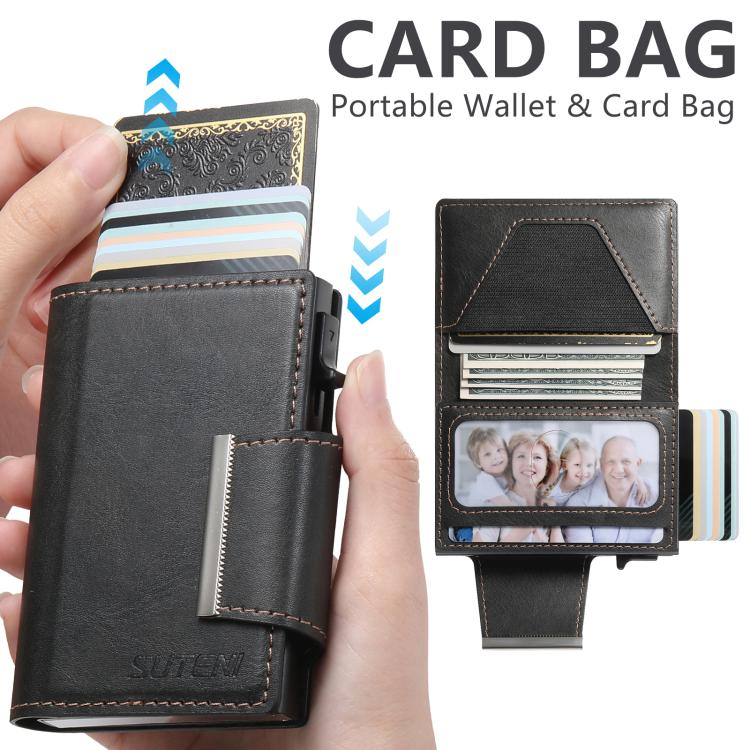 Suteni oil wax-patterned left and right buckle buttons automatically pop out the card box
