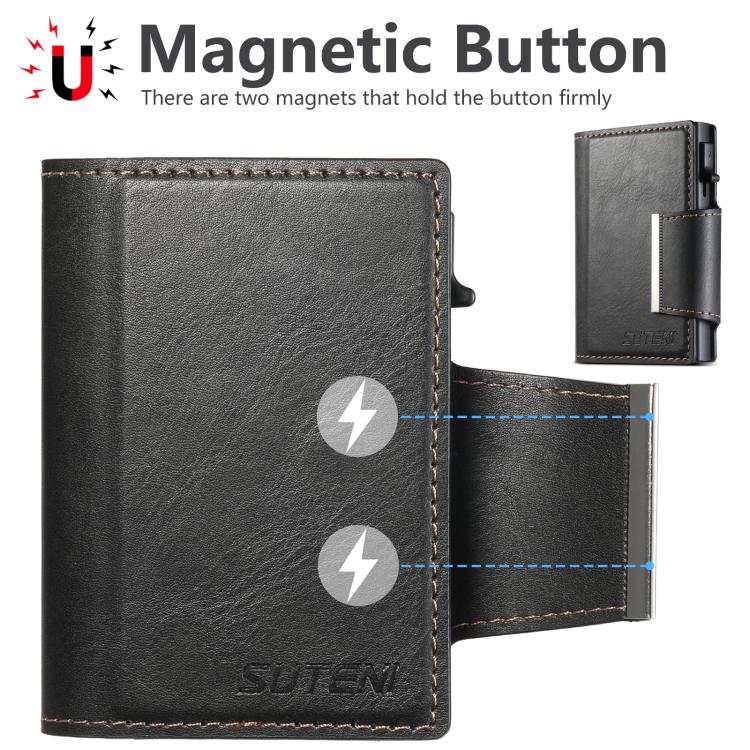 Suteni oil wax-patterned left and right buckle buttons automatically pop out the card box