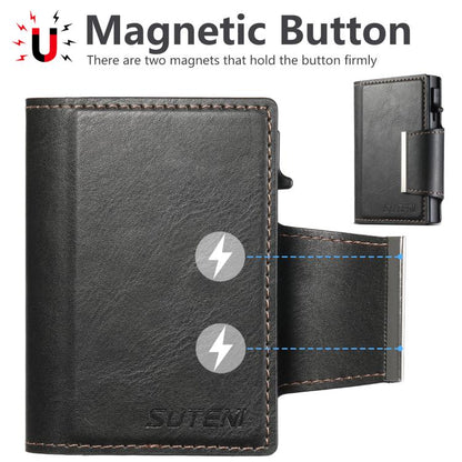 Suteni oil wax-patterned left and right buckle buttons automatically pop out the card box