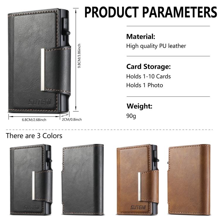 Suteni oil wax-patterned left and right buckle buttons automatically pop out the card box