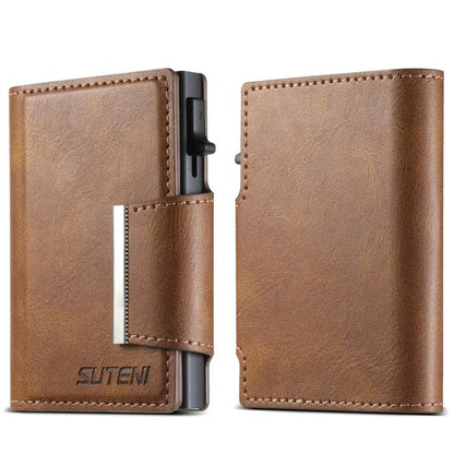Suteni oil wax-patterned left and right buckle buttons automatically pop out the card box