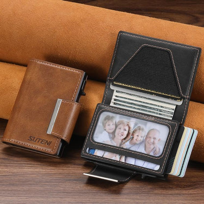 Suteni oil wax-patterned left and right buckle buttons automatically pop out the card box