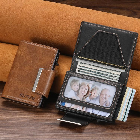 Suteni oil wax-patterned left and right buckle buttons automatically pop out the card box