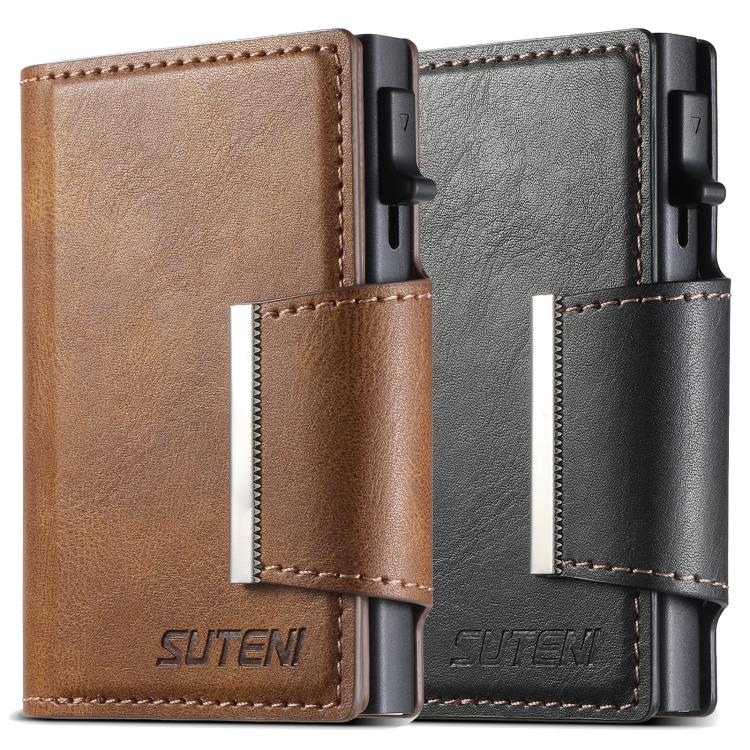 Suteni oil wax-patterned left and right buckle buttons automatically pop out the card box
