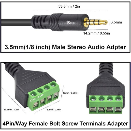 JUNSUNMAY 3.5mm Male to 4 Pin Stereo Audio Terminal Block Balum Connection Cable, Length: 30cm, 3.5mm Male to 4 Pin