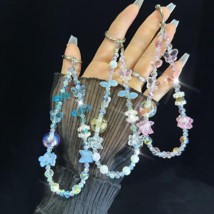Dried Flower Beads, Butterfly Crystal, Mobile Phone Chain