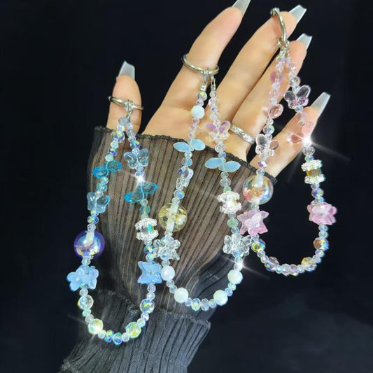 Dried Flower Beads, Butterfly Crystal, Mobile Phone Chain