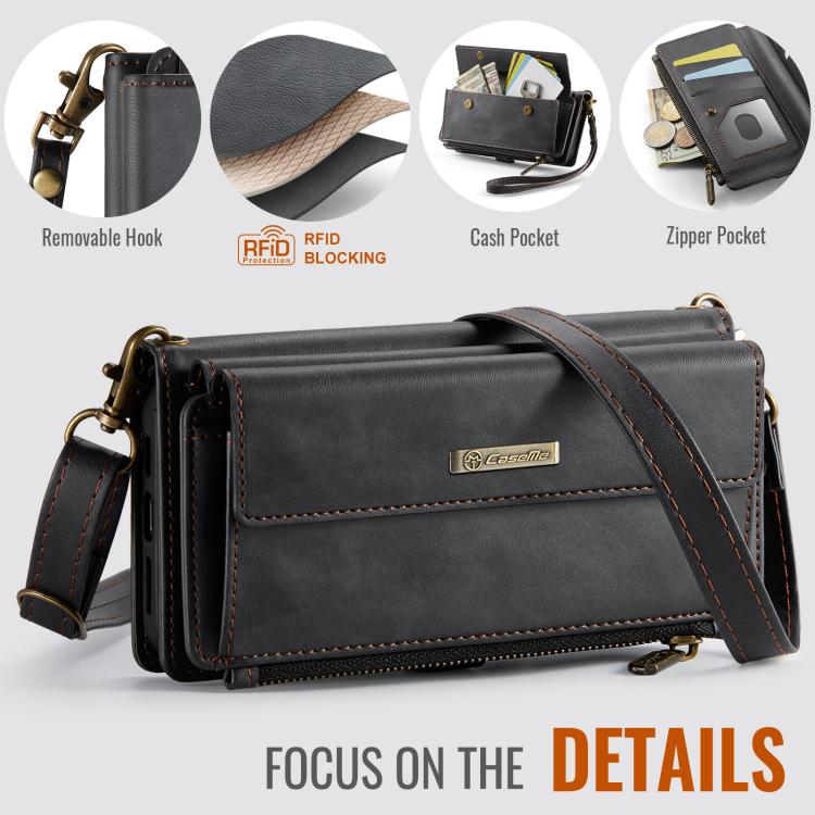 CaseMe C39 RFID Blocking Zipper Wallet Leather Phone Case with Crossbody Strap