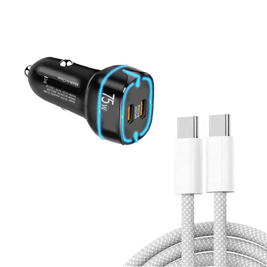 Chargeur de voiture double port Type-C PD45W + PD30W avec câble de données USB-C vers USB-C, P65 avec câble USB-C (noir), P65 avec câble USB-C (blanc)