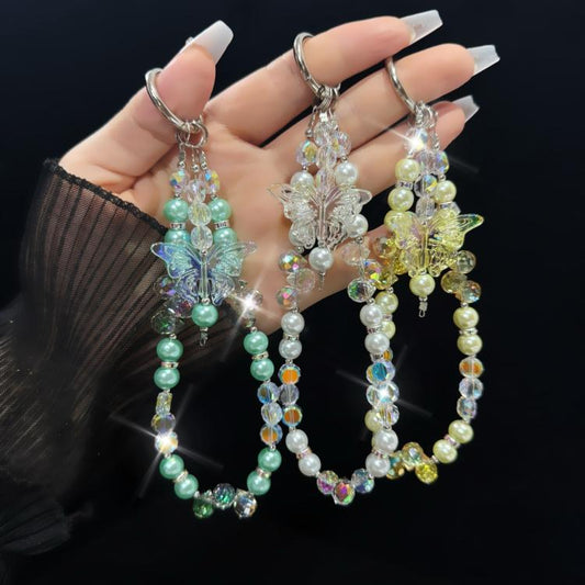 Three-Color Crystal Butterfly Pearl Mobile Phone Chain