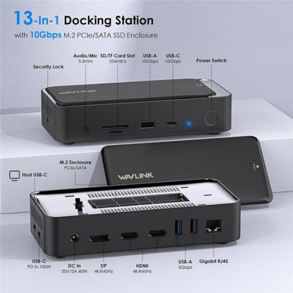 WAVLINK UMD23M For Laptop Tablet 13 in 1 USB-C Hub 10Gbps M.2 Pcie / SATA SSD Enclosure, UMD23M