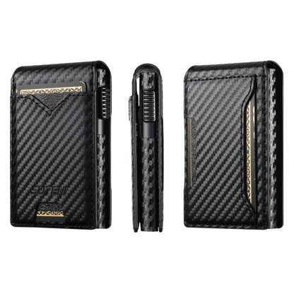 The Suteni carbon fiber pattern button automatically pops out the veneered printed card box