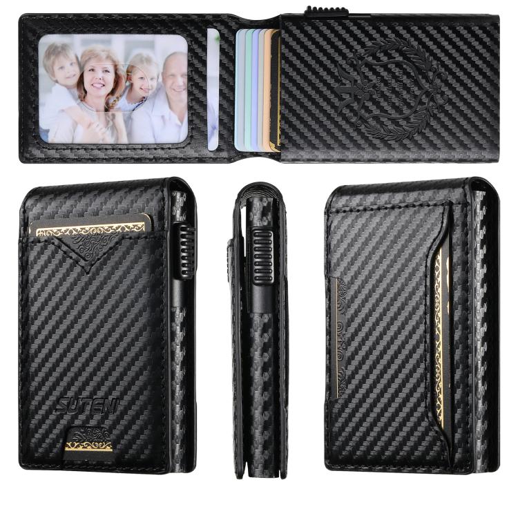 The Suteni carbon fiber pattern button automatically pops out the veneered printed card box