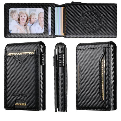 The Suteni carbon fiber pattern button automatically pops out the veneered printed card box
