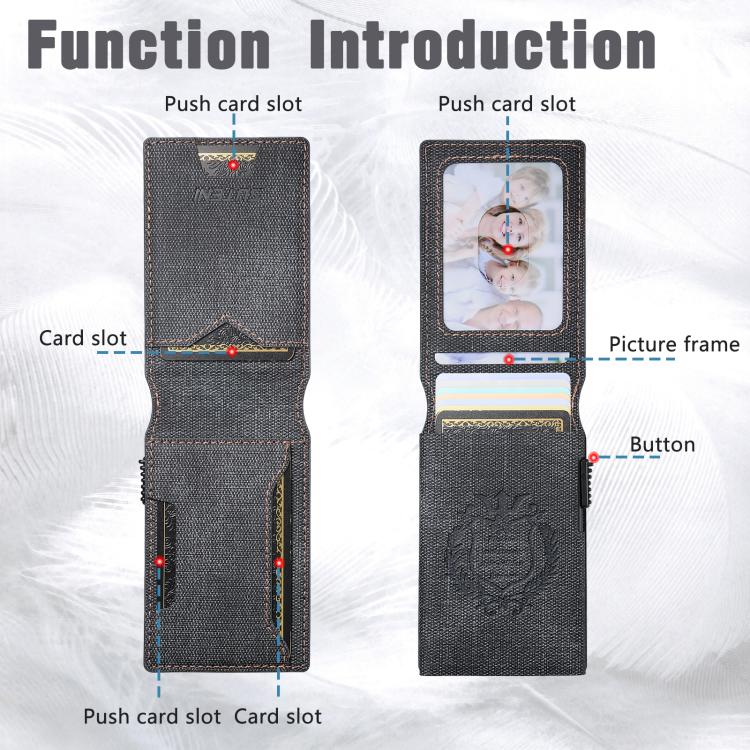 The Suteni denim pattern button automatically pops out the veneered printed card box