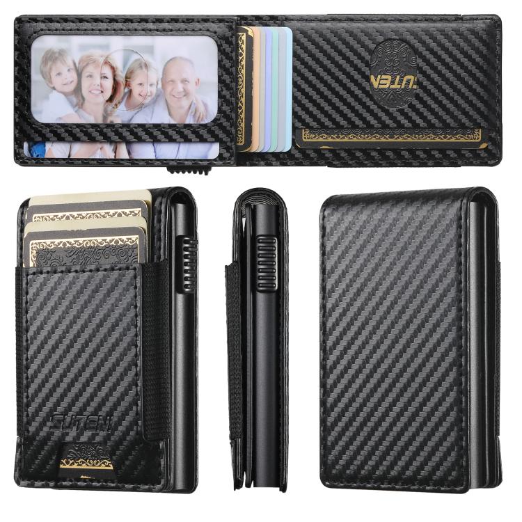 The Suteni carbon fiber pattern button automatically pops out the elastic band card box