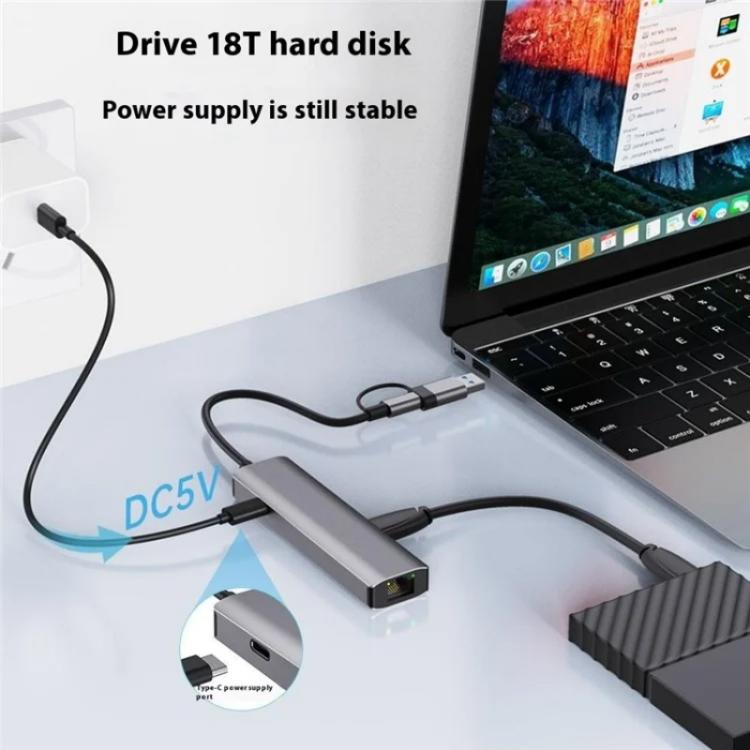 2503 Gigabit RJ45, 2 x USB3.2, USB-C2.0, USB-C3.2, DC5V 6 in 1 Docking Station USB / Type-C Hub