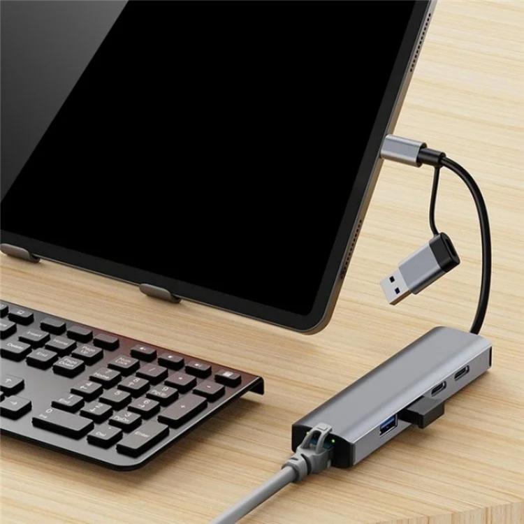 2503 Gigabit RJ45, 2 x USB3.2, USB-C2.0, USB-C3.2, DC5V 6 in 1 Docking Station USB / Type-C Hub