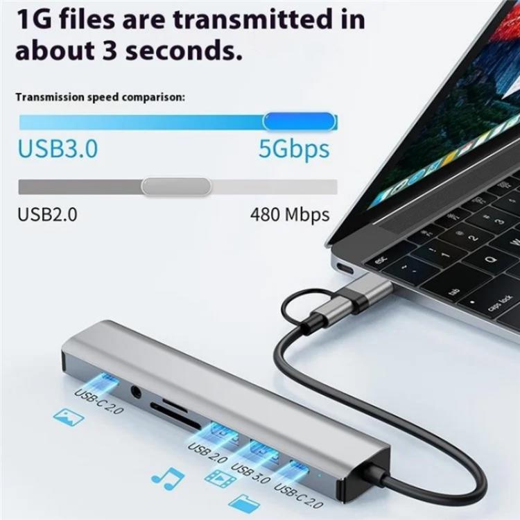 2509 RJ45, USB3.0, USB2.0, USB-C2.0, 3.5mm, DC5V, SD / TF Card Reader Adapter USB-C / USB Hub