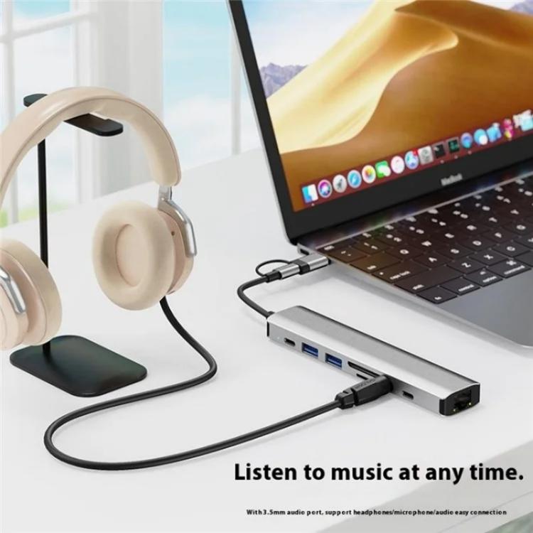 2509 RJ45, USB3.0, USB2.0, USB-C2.0, 3.5mm, DC5V, SD / TF Card Reader Adapter USB-C / USB Hub