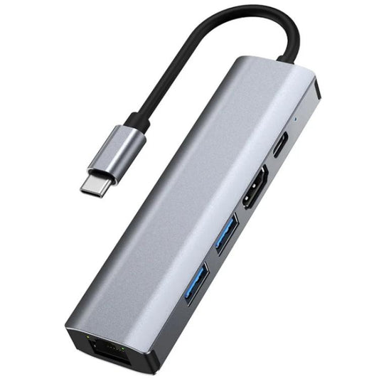 2403 Type-C to 100M RJ45 USB3.0 USB2.0 4K / 30Hz HD PD100W Adapter 5-in-1 USB Hub, 2403