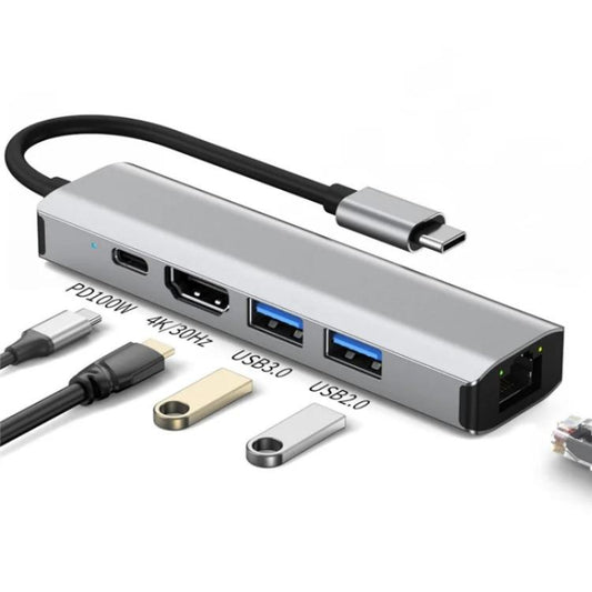 2403 Type-C to 100M RJ45 USB3.0 USB2.0 4K / 30Hz HD PD100W Adapter 5-in-1 USB Hub, 2403