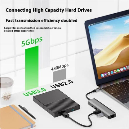 2403 Type-C to 100M RJ45 USB3.0 USB2.0 4K / 30Hz HD PD100W Adapter 5-in-1 USB Hub, 2403