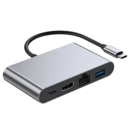 2322 Type-C to RJ45, 4K/30HZ HD, USB 3.0, PD100W Charging Port Aluminum Shell HUB, 2322