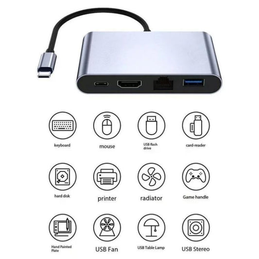 2322 Type-C to RJ45, 4K/30HZ HD, USB 3.0, PD100W Charging Port Aluminum Shell HUB, 2322