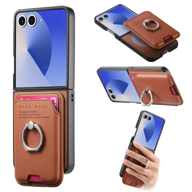 Twill Fabric Card Bag Ring Magnetic Back Phone Case, For Galaxy Z Flip8 5G, For Galaxy Z Flip7 5G, For Galaxy Z Flip6 5G, For Galaxy Z Flip5 5G