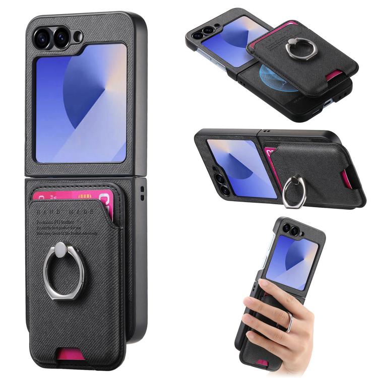 Twill Fabric Card Bag Ring Magnetic Back Phone Case, For Galaxy Z Flip8 5G, For Galaxy Z Flip7 5G, For Galaxy Z Flip6 5G, For Galaxy Z Flip5 5G