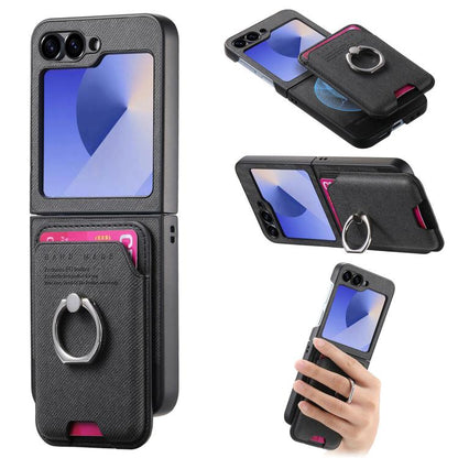 Twill Fabric Card Bag Ring Magnetic Back Phone Case, For Galaxy Z Flip8 5G, For Galaxy Z Flip7 5G, For Galaxy Z Flip6 5G, For Galaxy Z Flip5 5G