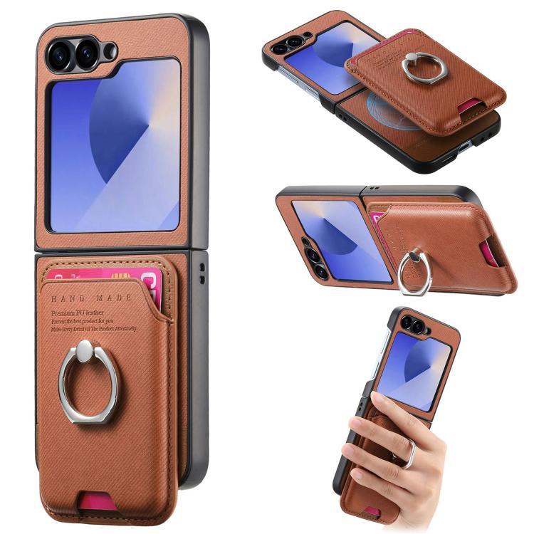 Twill Fabric Card Bag Ring Magnetic Back Phone Case, For Galaxy Z Flip8 5G, For Galaxy Z Flip7 5G, For Galaxy Z Flip6 5G, For Galaxy Z Flip5 5G