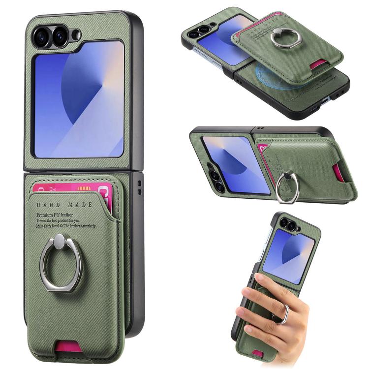 Twill Fabric Card Bag Ring Magnetic Back Phone Case, For Galaxy Z Flip8 5G, For Galaxy Z Flip7 5G, For Galaxy Z Flip6 5G, For Galaxy Z Flip5 5G