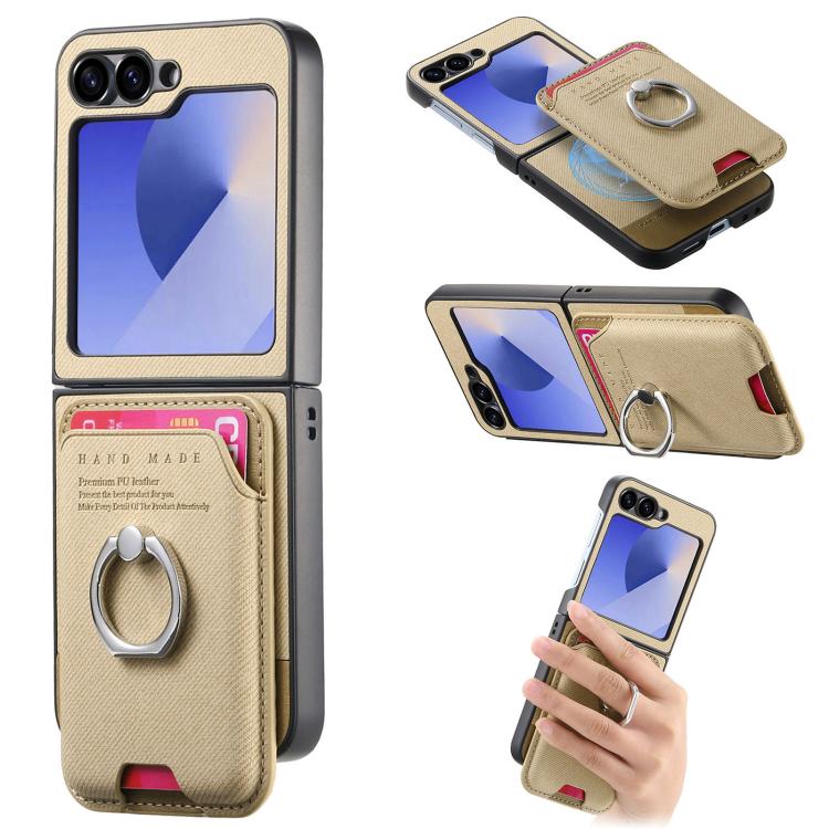 Twill Fabric Card Bag Ring Magnetic Back Phone Case, For Galaxy Z Flip8 5G, For Galaxy Z Flip7 5G, For Galaxy Z Flip6 5G, For Galaxy Z Flip5 5G