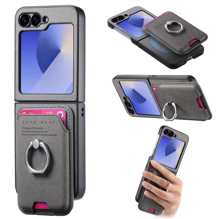 Twill Fabric Card Bag Ring Magnetic Back Phone Case, For Galaxy Z Flip8 5G, For Galaxy Z Flip7 5G, For Galaxy Z Flip6 5G, For Galaxy Z Flip5 5G