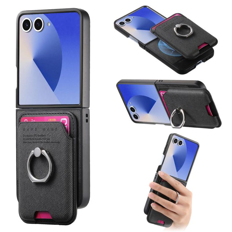 Twill Fabric Card Bag Ring Magnetic Back Phone Case, For Galaxy Z Flip8 5G, For Galaxy Z Flip7 5G, For Galaxy Z Flip6 5G, For Galaxy Z Flip5 5G