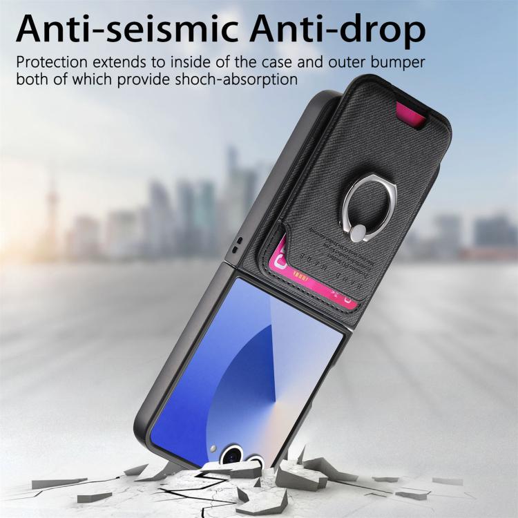 Twill Fabric Card Bag Ring Magnetic Back Phone Case, For Galaxy Z Flip8 5G, For Galaxy Z Flip7 5G, For Galaxy Z Flip6 5G, For Galaxy Z Flip5 5G
