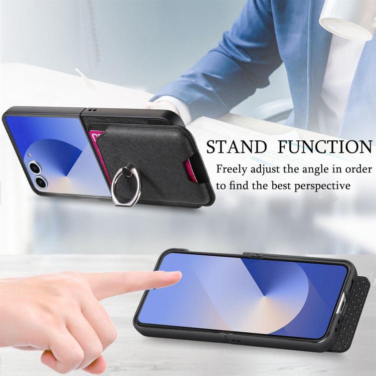 Twill Fabric Card Bag Ring Magnetic Back Phone Case, For Galaxy Z Flip8 5G, For Galaxy Z Flip7 5G, For Galaxy Z Flip6 5G, For Galaxy Z Flip5 5G
