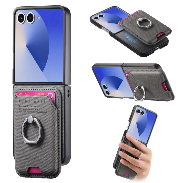 Twill Fabric Card Bag Ring Magnetic Back Phone Case, For Galaxy Z Flip8 5G, For Galaxy Z Flip7 5G, For Galaxy Z Flip6 5G, For Galaxy Z Flip5 5G