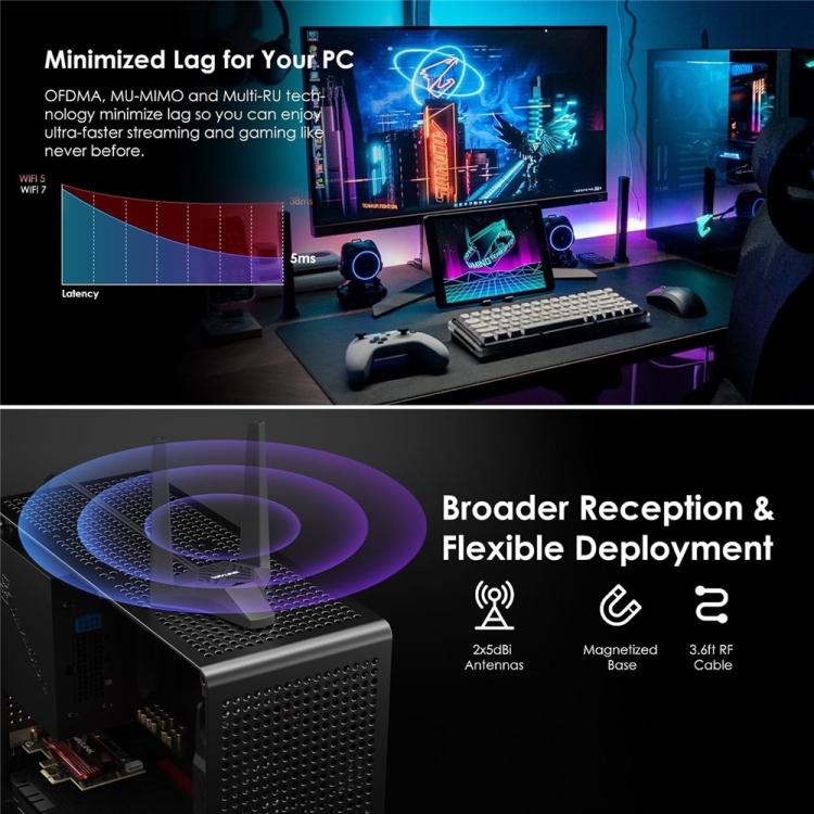 WAVLINK WN685BE3-A Tri-Band BE200 Wireless Adapter Desktop PC WiFi 7 BE8800 Pcie Card, WN685BE3-A