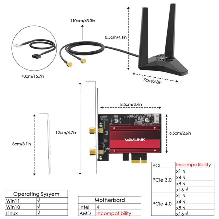 WAVLINK WN685BE3-A Tri-Band BE200 Wireless Adapter Desktop PC WiFi 7 BE8800 Pcie Card, WN685BE3-A