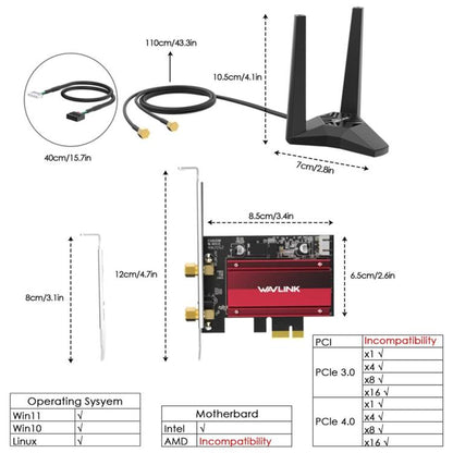 WAVLINK WN685BE3-A Tri-Band BE200 Wireless Adapter Desktop PC WiFi 7 BE8800 Pcie Card, WN685BE3-A