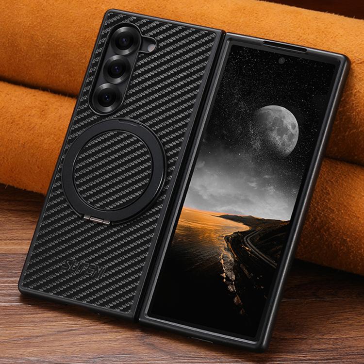 Suteni G3 Carbon Fiber Leather 360 Rotation Holder MagSafe Phone Case, For Galaxy Z Fold8 Ultra 5G, For Galaxy Z Fold7 5G, For Galaxy Z Flip7 5G, For Galaxy Z Flip6, For Galaxy Z Fold6, For Galaxy Z Fold5, For Galaxy Z Flip5