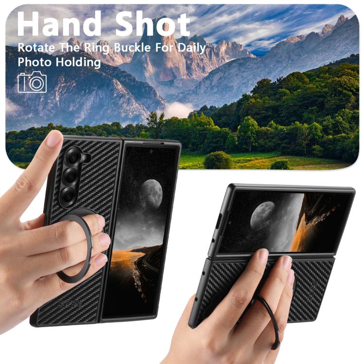 Suteni G3 Carbon Fiber Leather 360 Rotation Holder MagSafe Phone Case, For Galaxy Z Fold8 Ultra 5G, For Galaxy Z Fold7 5G, For Galaxy Z Flip7 5G, For Galaxy Z Flip6, For Galaxy Z Fold6, For Galaxy Z Fold5, For Galaxy Z Flip5