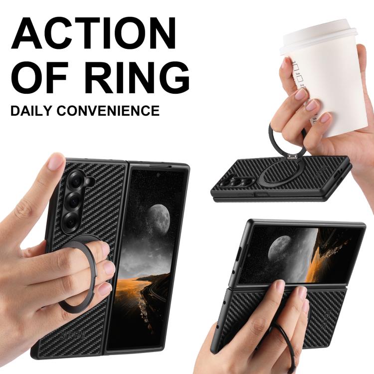 Suteni G3 Carbon Fiber Leather 360 Rotation Holder MagSafe Phone Case, For Galaxy Z Fold8 Ultra 5G, For Galaxy Z Fold7 5G, For Galaxy Z Flip7 5G, For Galaxy Z Flip6, For Galaxy Z Fold6, For Galaxy Z Fold5, For Galaxy Z Flip5