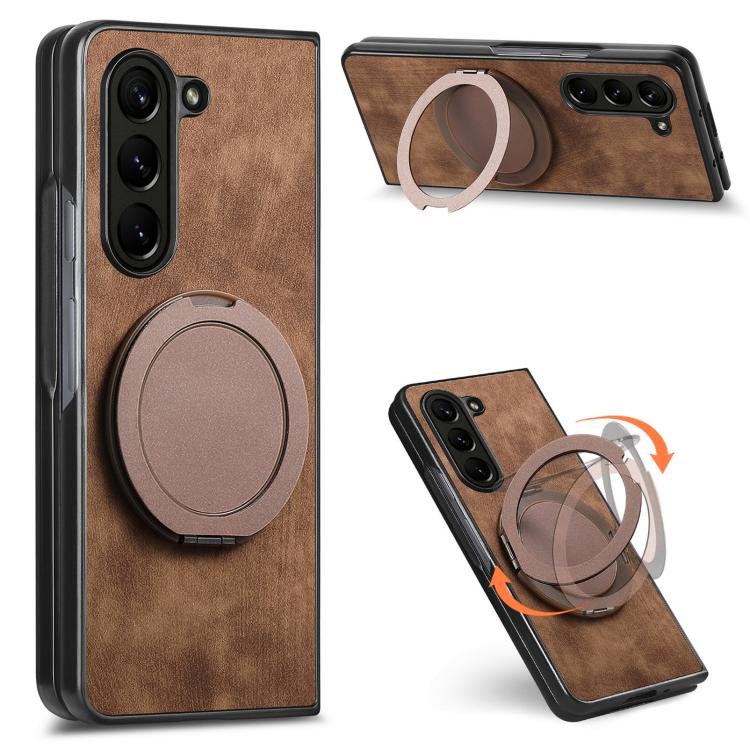 Retro Leather Rotation Round Holder Phone Case, For Galaxy Z Fold8 Ultra 5G, For Galaxy Z Fold7, For Galaxy Z Fold6, For Galaxy Z Fold5, For Galaxy Z Fold4